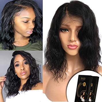 12" Wavy Lace Front Bob Wigs Unprocessed Brazilian Human Hair Short Wigs 130% Density with Baby Hair Pre-plucked for Black Women #1B Natural Color