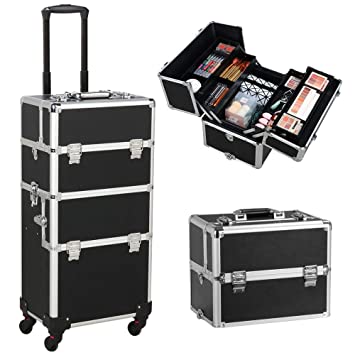 Yaheetech 3 in 1 Cosmetic Rolling Makeup Train Case Large Aluminum Trolley Makeup Travel Case Black