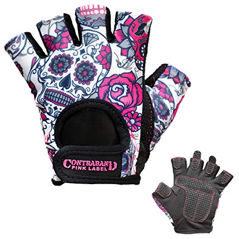 Contraband Pink Label 5237 Womens Design Series Sugar Skull Lifting Gloves (Pair) - Lightweight Vegan Medium Padded Microfiber Amara Leather w/Griplock Silicone