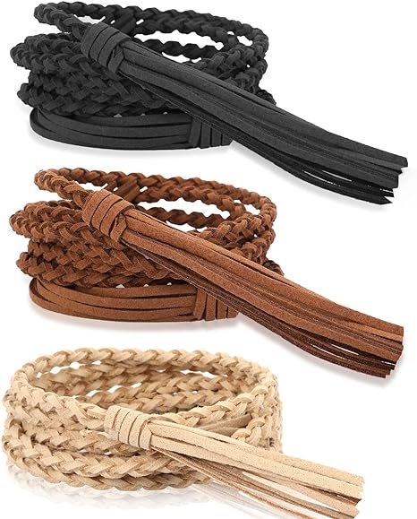 Yolev 3 Pieces Skinny Tassel Belts for Women Dresses Braided Waist Belt Woven Tassel Chain Belt Rope Belt for Skirt Dress