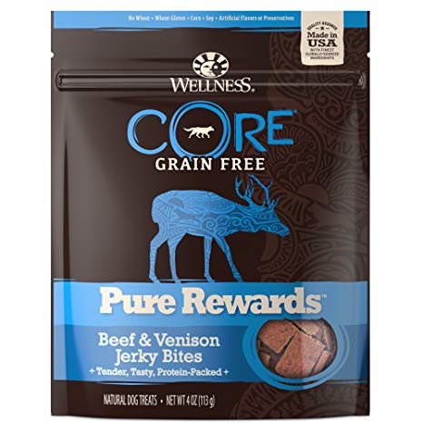 Wellness Natural Pet Food CORE Pure Rewards Natural Grain Free Dog Treats, Soft Beef & Venison Jerky Bites, 4-Ounce Bag