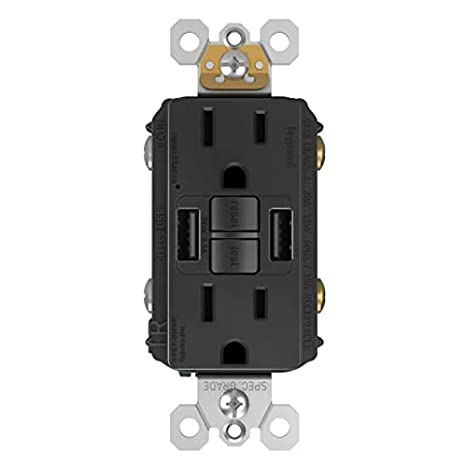 Legrand Radiant® USB GFCI Outlet, 15A Tamper-Resistant, Self-Test, Type-A/A, Black, 1597TRUSBAABK