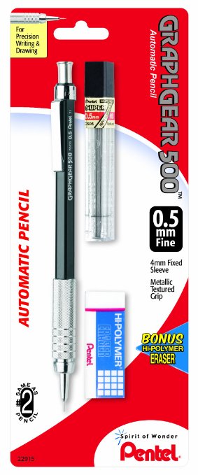 Pentel Graph Gear 500 Automatic Drafting Pencil with Lead and Mini Eraser, 0.5 mm (PG525LEBP)