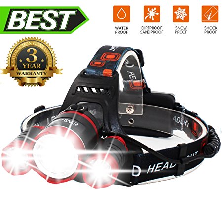 Super Bright Zoomable 4 Modes LED Head Torch, Rechargeable Waterproof Focus Headlight, 3 CREE XM-L T6 LED Headlamp Flashlight Torch for Camping Hunting Hiking Running Walking Cycling Outdoors Light
