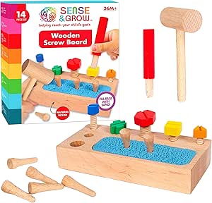 Sense & Grow Wooden Screw Toy - Montessori Wooden Screw Driver Board for Kids - 14pc Toddler Tools - Magnetic Sand Included - Montessori Materials Educational Tools for Toddlers Kids 3