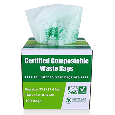 Primode 100% Compostable Bags, 13 Gallon Food Scraps Yard Waste Bags, Extra Thick 0.87 Mil. ASTMD6400 Biodegradable Compost Bags Small Kitchen Trash Bags, Certified By BPI And VINCETTE, (100)