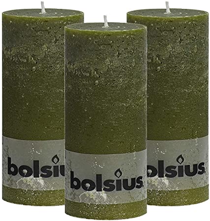 BOLSIUS Rustic Olive Green Unscented Pillar Candles - 2.75" X 7.5" Decoration Candles Set of 3 - Clean Burning Dripless Dinner Candles for Wedding & Home Decor Party Restaurant Spa- Aprox (190/68m)