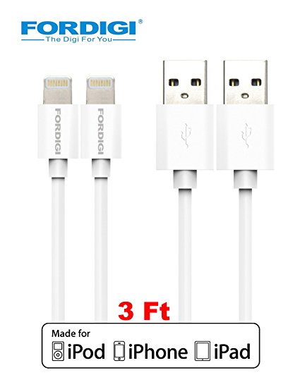 [Apple MFI Certified] [2-Pack] FORDIGI® Lightning Cable 3 feet 8 Pin to USB Sync/Charging Charger Cable Cord for Apple iPhone 5/5s/5c/6/6 Plus, iPod 7, iPad Mini 2,3, iPad 4 /iPad Air 2 (White)