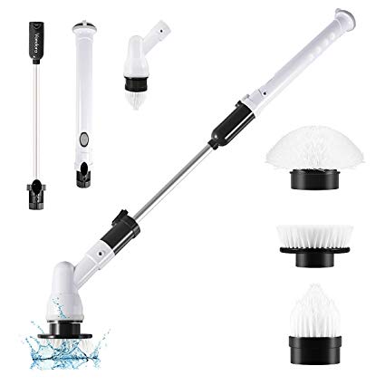Electric Spin Scrubber, 360 Cordless Rechargeable Tub and Tile Scrubber with 3 Replaceable Cleaning Brush Heads, Extension Handle and Adapter for Bathroom, Kitchen