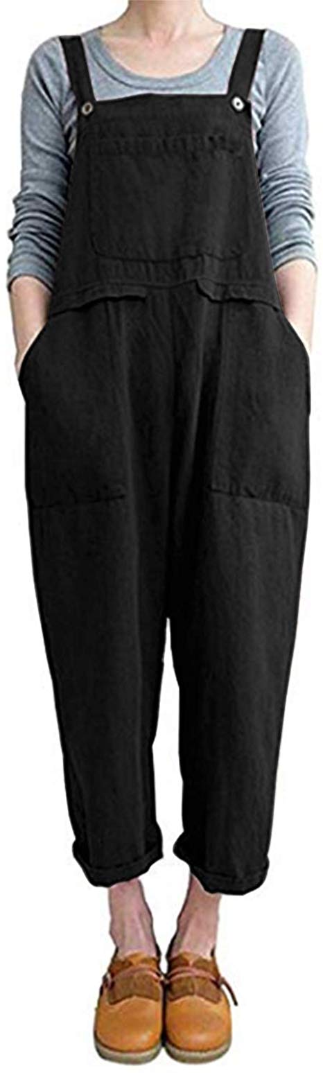 ZANZEA Womens Bib Baggy Overalls Casual Plus Size Jumpsuit Cotton Linen Rompers Wide Leg Harem Pants