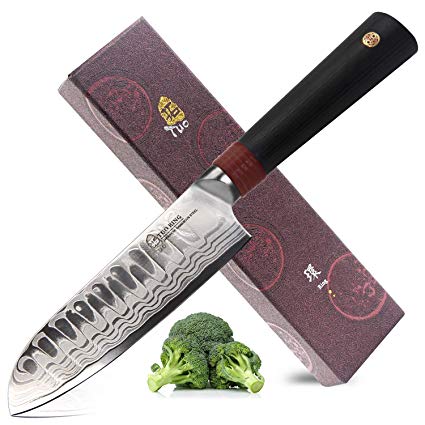 TUO Cutlery Santoku Knife - Japanese AUS-10 Dragon Pattern Damascus Blade - Hollow Ground Kitchen Asia Knife - Dishwasher Proof G10 Handle - RING-DA Series - 5.5"