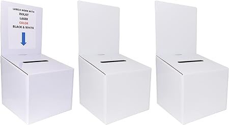 3 Pack Ballot Boxes Medium Size Cardboard Glossy White With Blank Labels