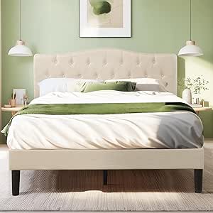 VECELO Queen Size Bed Frame Upholstered Platform with Tufted Adjustable Headboard/Mattress Foundation with Wood Slat Support, Easy Assembly