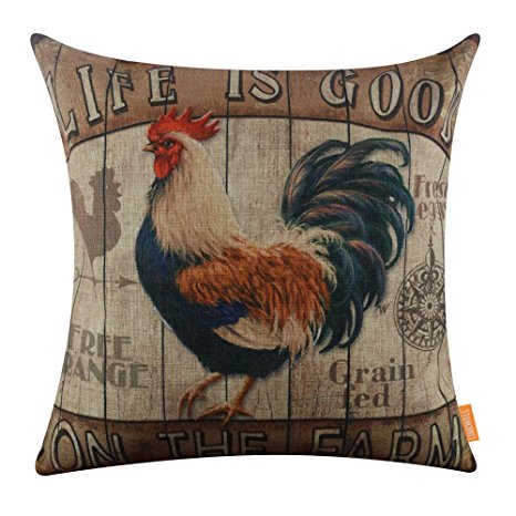 LINKWELL 18x18 inches Retro Life is Good on the Farm Rooster Burlap Throw Cushion Cover CC1257
