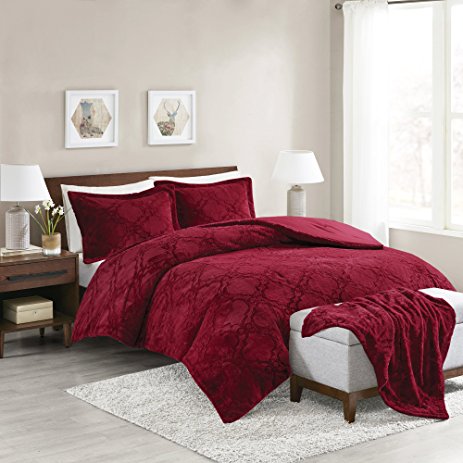 Comfort Spaces - Odessa Comforter Set   Long Fur Throw Combo - 4 Piece - Burgundy - Snugly Warm and Ultra Soft -King Size, Includes 1 Comforter, 2 Shams