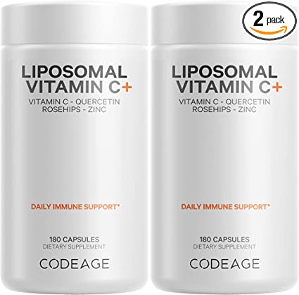 Codeage Liposomal Vitamin C 1500mg with Zinc, Elderberry, Citrus Bioflavonoids Grapefruit, Lemon, Orange Powder, Quercetin & Rose Hips Fruit – Vegan Supplement - Non-GMO, Vegan Pills - 2 Pack