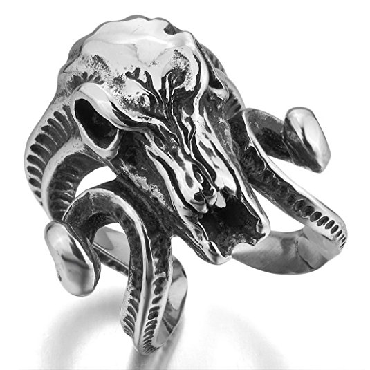 INBLUE Men's Large Stainless Steel Ring Silver Tone Black Goat Horn Skull