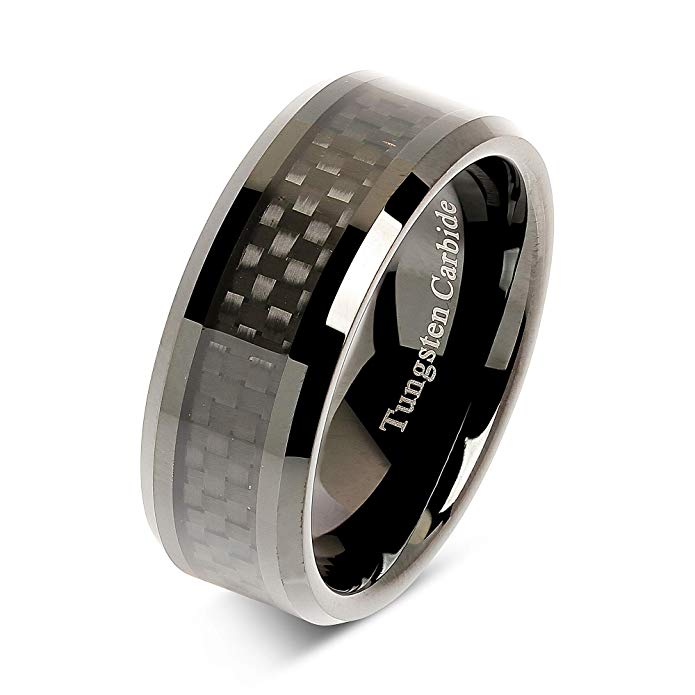 100S JEWELRY 8mm Tungsten Carbide Ring Carbon Fiber Inlay Black Plated Wedding Band Size 6-16