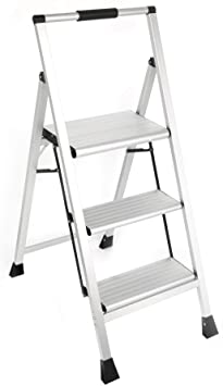 Topfun Lightweight Aluminum 3 Step Ladder Folding Step Stool Multi-Use Non-Slip Wide Platform Ultra-Light Sturdy Ladder 225lbs Capacity Fully Assembled for Household and Office