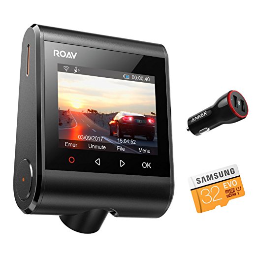 [Upgraded Version]Anker Roav Dash Cam C1 Pro, 2K Resolution 2560X1440, Built-In GPS/WiFi, 2.4" LCD, 4-Lane Wide-Angle View Lens, G-Sensor, WDR, Loop Recording, 2-Port Charger, 32G microSD Card, Easy Sharing