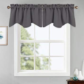PONY DANCE Grey Curtain Valances - Window Treatments Kitchen Curtain Half Scalloped Valances Tiers Rod Pocket Top Home Decor for Living Room, 42 x 18 inch, Gray, 2 Panels