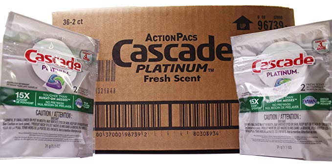 Cascade Platinum Action Pacs Dishwasher Detergent, 15x Power, Fresh Scent, 2 Count (Pack of 36)