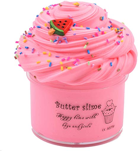 Elover Watermelon Butter Fluffy Slime with Cute CharmsSuper Soft and Non-Sticky(7oz 200ML) (Pink)