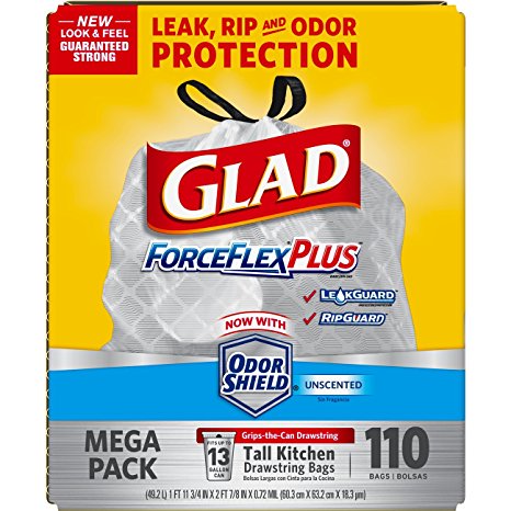 Glad ForceFlexPlus Tall Kitchen Drawstring Trash Bags, Unscented, 13 Gallon, 110 Count (Packaging May Vary)