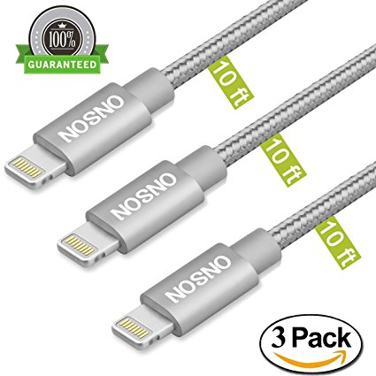 ONSON Lightning Cable,3Pack 10FT Extra Long Nylon Braided USB Cord Charging Cable for iPhone 7/7 Plus,6/6S/6 Plus/6S Plus,5/5S/5C/SE,iPad,iPod Nano 7,iPod Touch (Gray)