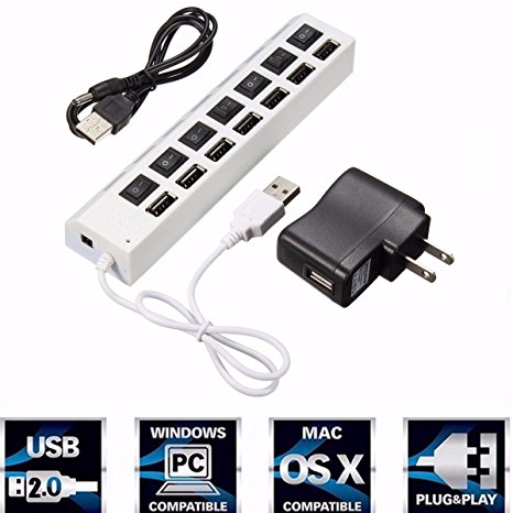 M.Way 7 Port USB 2.0 Hub High-Speed Data Transfer Ports Splitter AC Power Adapter with On/Off Switches and LEDs 1.3ft USB Data Cable For Macbook Pro Laptop, iPhone, iPad, Samsung and More White