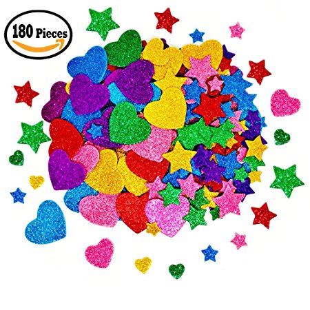 180 Pieces Glitter Foam Stickers Self Adhesive, Stars and Mini Heart Shapes Glitter Stickers for Kid's Arts Craft Supplies Greeting Cards Home Decoration