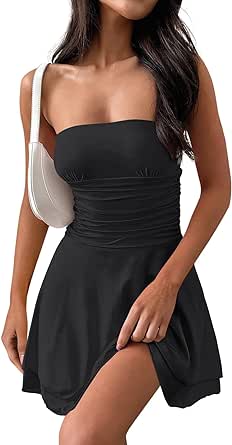 MEROKEETY Women's 2024 Summer Strapless Tube Dress Sexy Off Shoulder Ruffle Tiered Flowy Mini Dresses