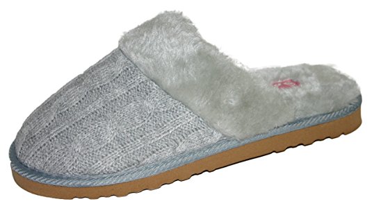 Ladies Dunlop Bobbi Knit mule slippers with faux fur lining & cuff