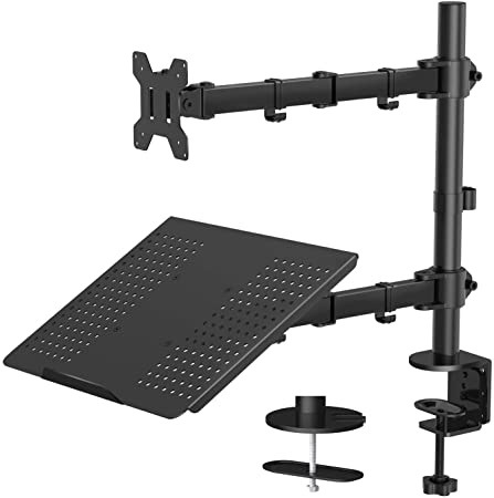 HUANUO Monitor Arm with Laptop Tray, Fully Adjustable for 13 to 27 inch LCD LED Screen & up to 15.6 inch Notebook, 2 Mounting Options