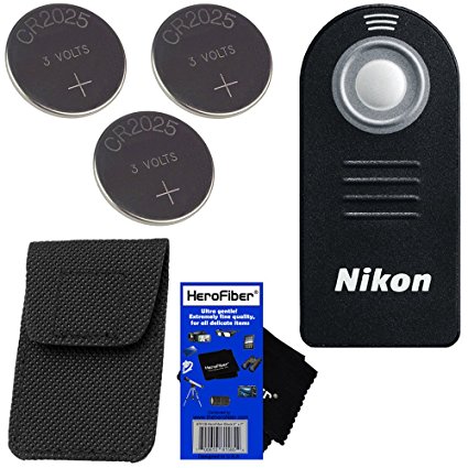 Nikon ML-L3 Wireless Remote Control with Storage Case for D40, D40X, D50, D60, D70, D70S, D80, D90, D600, D610, D3000, D3200, D5000, D5100, D5200, D5300, D7000, & D7100 SLR Digital Cameras, 1 J1, 1 J2, 1 V1, & 1 V2 Compact System Cameras, COOLPIX A, P7000, P7100, P7700 & P7800 Digital Cameras   3 Replacement Batteries & HeroFiber® Ultra Gentle Cleaning Cloth