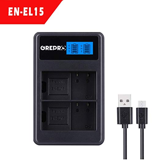 Grepro USB Charger for EN-EL15 Camera Battery Dual Slot Camera with LCD Display Quick Charging compatiable for Nikon D600, D610, D750, D800, D800e, D810, D810a, D7000, D7100, D7200 Battery and More.