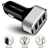 FosPower 36W  72A 3-Port USB Car Charger Adapter - Full Speed Rapid Charging with WizChargeTM for Smartphones and Tablets - Lifetime Warranty Black and Silver