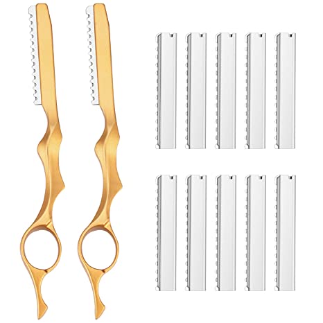 12 Pieces Hair Styling Thinning Razor Set, 2 Pieces Hair Styling Razor Hair Cutting Texturizing Razors and 10 Pieces Replacement Spare Blades for Salon Home Christmas Valentine's Day Giving (Gold)