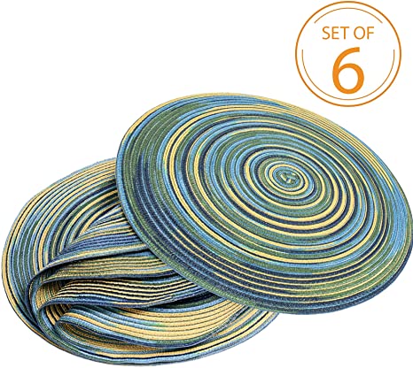 Braided Colorful Round Place mats for Kitchen Dining Table Runner Heat Insulation Non-Slip Washable Summer Placemats Set of 6