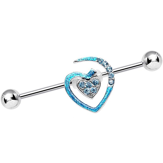 Body Candy Stainless Steel Blue and Glitter Cut Out Heart Industrial Barbell 14 Gauge 36mm