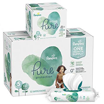 Diapers Size 5, 132 Count and Baby Wipes - Pampers Pure Protection Diapers Disposable Baby Diapers and Aqua Pure 6X Pop-Top Sensitive Water Baby Wipes, 336 Count