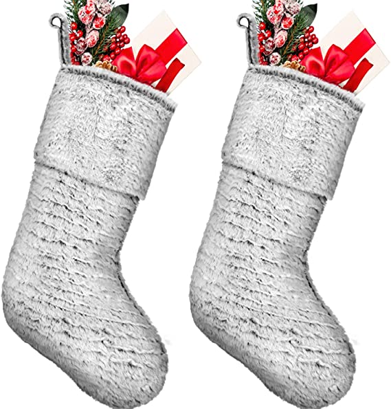 2 Pieces Christmas Stocking Faux Fur Stocking Snowflake Stocking Fireplace Hanging Stocking Christmas Stocking Gift Bags for Xmas Family Party Decoration (Faux Fur 4, 20 Inch)