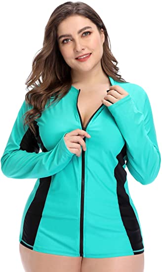 ATTRACO Womens Plus Size Long Sleeve Rash Guard Top Zipper Sufing Swim Shirt