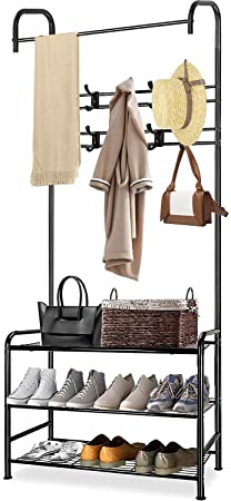 Industrial Entryway Coat Rack,Metal Hall Tree Coat Hat Rack with 3-Tier Shoe Rack,Free Standing Clothes Stand and 3-in-1 Hall Tree with Metal Frame for Storage Shoes,Clothes (Black)