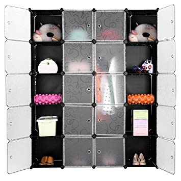 LANGRIA 20 Cube Storage Wardrobe Closet Organizer, DIY Shoe Rack Storage Drawer Unit Multi Use Modular Organizer Plastic Cabinet with Doors, Black and White Curly Pattern