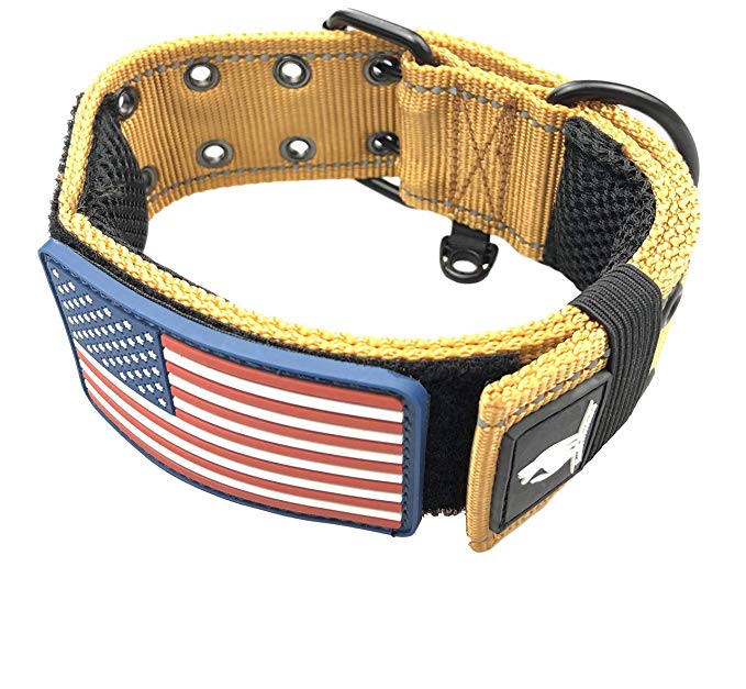 Diezel Pet Products Dog Collars K9 Harness Tactical Military Style - 2" Two Inch Wide Heavy Duty Thick Nylon Webbing for Strong Large XL Big Dogs - Metal Two Pin Belt Buckle - USA American Flag Patch
