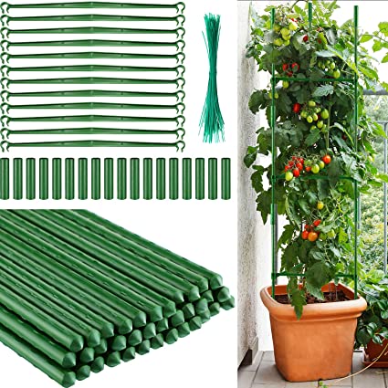 Zhanmai Garden Stakes Plant Support Plastic Coated Steel Plant Stake 16.5 Inch Plant Stakes with Straight Connecting Pipe, Rotatable Connection Tube, Metallic Twist Tie for Climb Plant (166 Pieces)