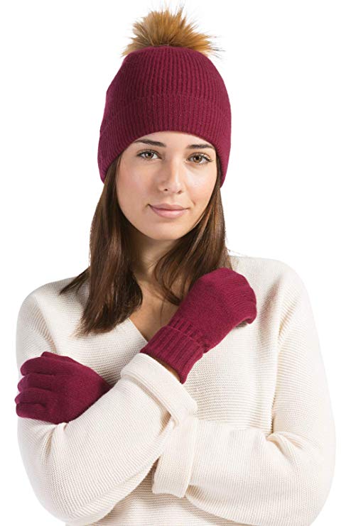 Fishers Finery Women's 100% Cashmere 2pc Pom Beanie Hat and Glove Set - Gift Box
