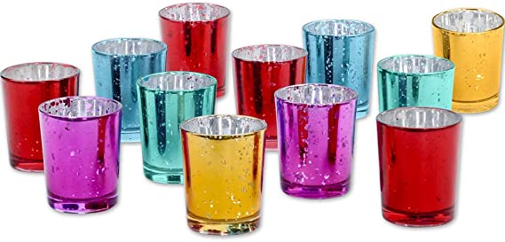 Koyal Wholesale 2.5" H Assorted Mercury Glass Votive Candle Holders, Set of 12 Jewel Tone Deep Rich Colors for Wedding Centerpieces, Boho, Fall, Dark Vintage, Modern Bohemian, Moroccan, Indian Theme