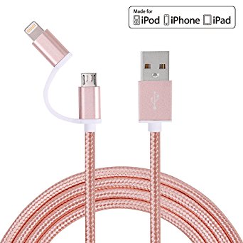CONCAWAY 2 in 1 Lightning and Micro USB Cable, 3.3FT/1M Tangle Free Nylon Braided Charging/Sync Cables for iPhone/iPod/iPad and micro USB enable devices (rosegold)